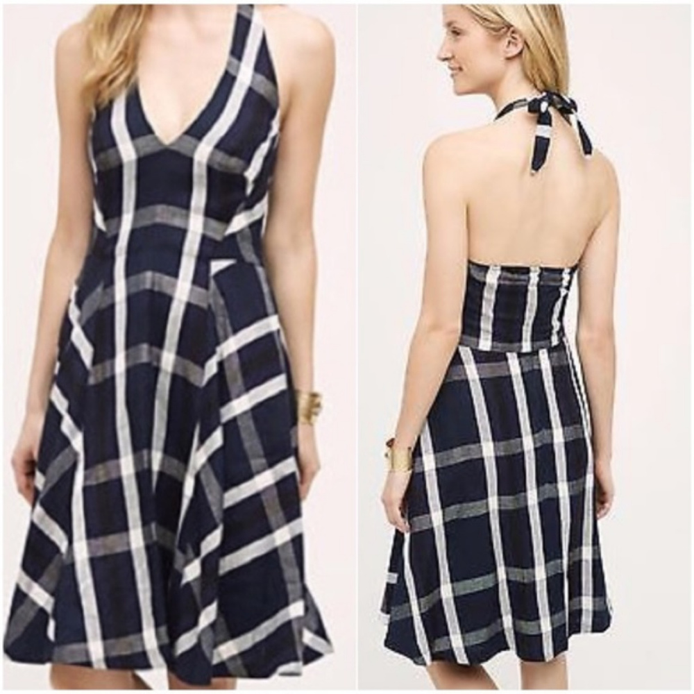 ANTHROPOLOGIE Plaid Halter Dress 10/12 Eva Franco